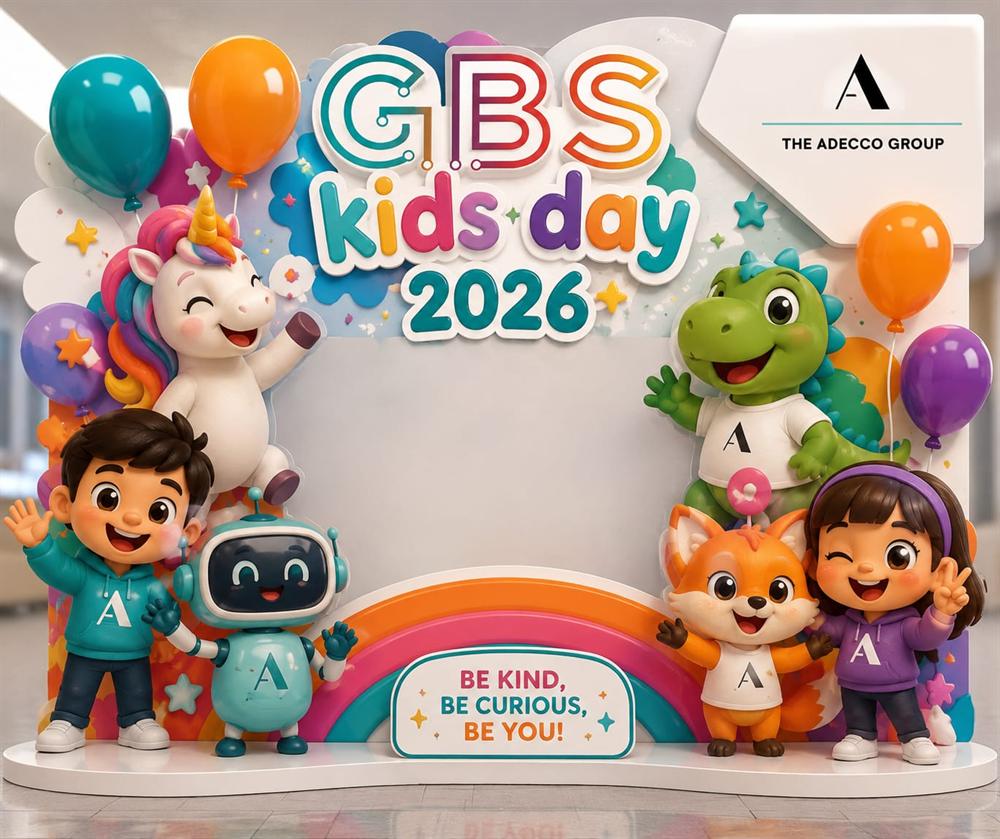 Custom branded photo booth layout design for The Adecco Group Kids Day